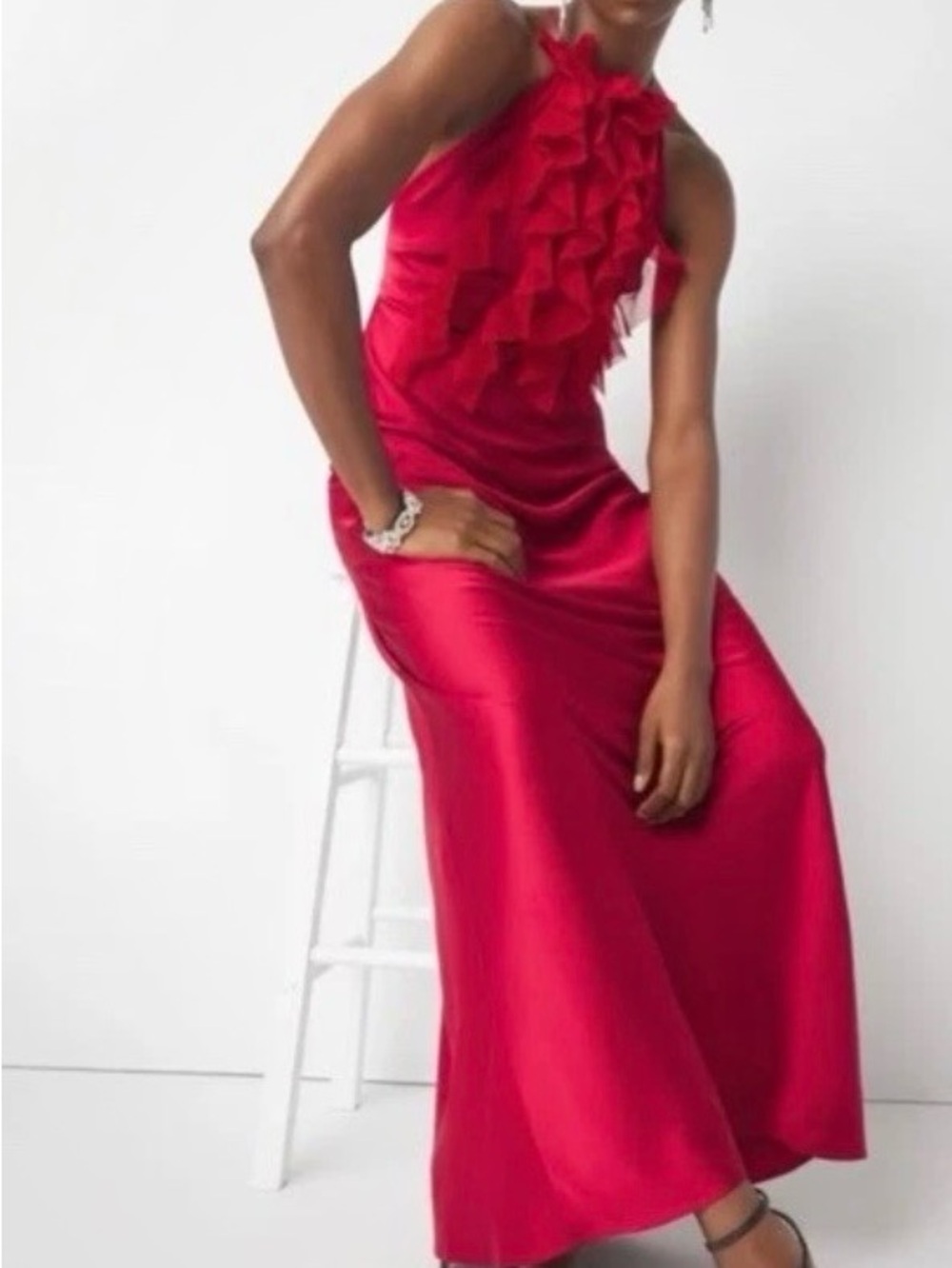 WHBM Red Ruffled Satin Long Maxi Gown Red Size 10 P NWT